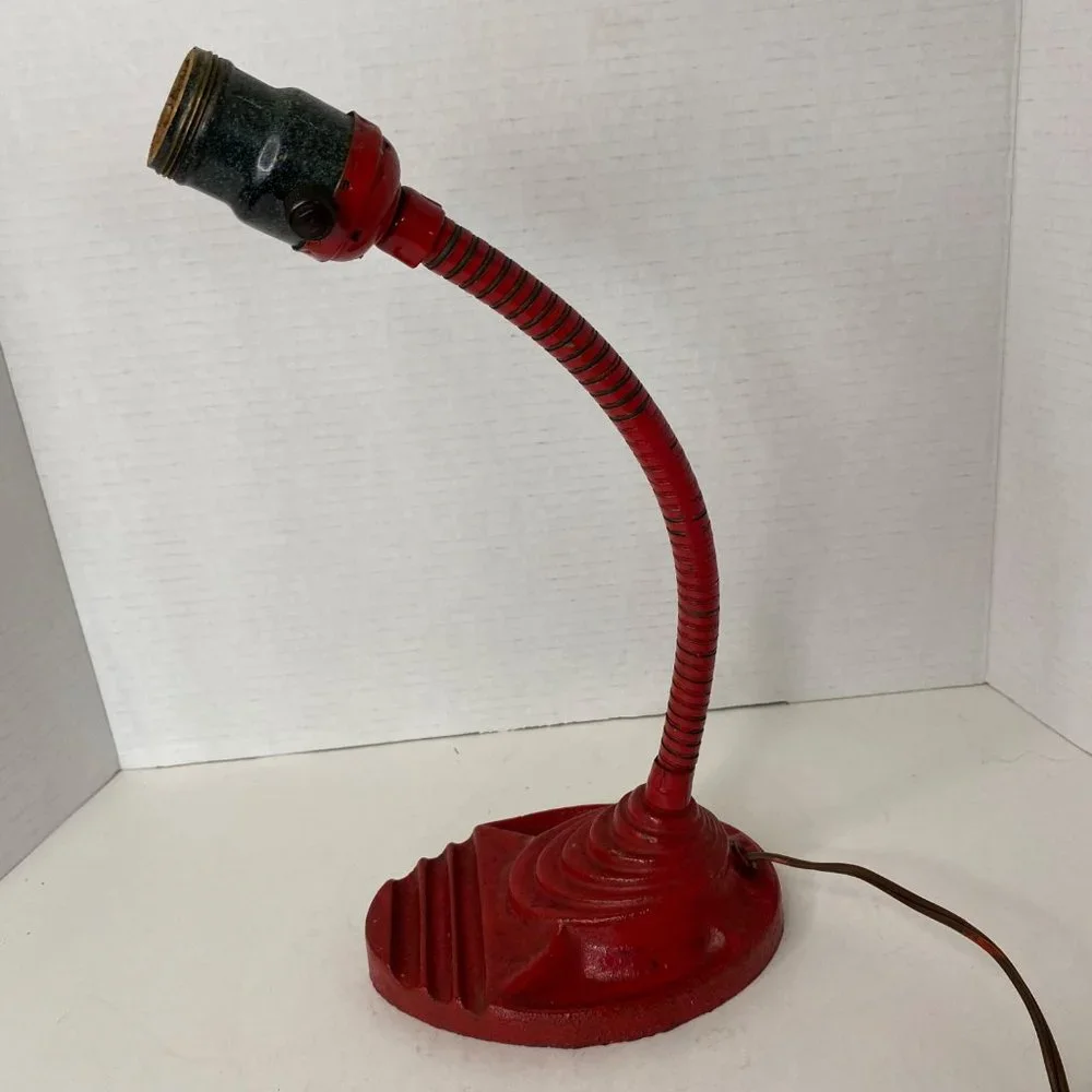 Industrial Art Deco red desk‎ lamp cast iron gooseneck no shade 13" - Picture 3 of 11